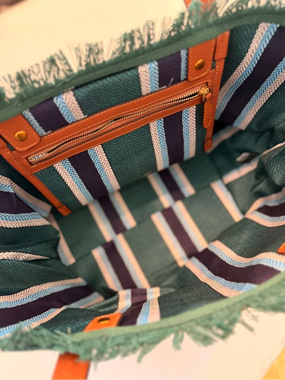Gucci Teal & Navy Striped Canvas Tote with Leather Handles - Picture 7 of 9